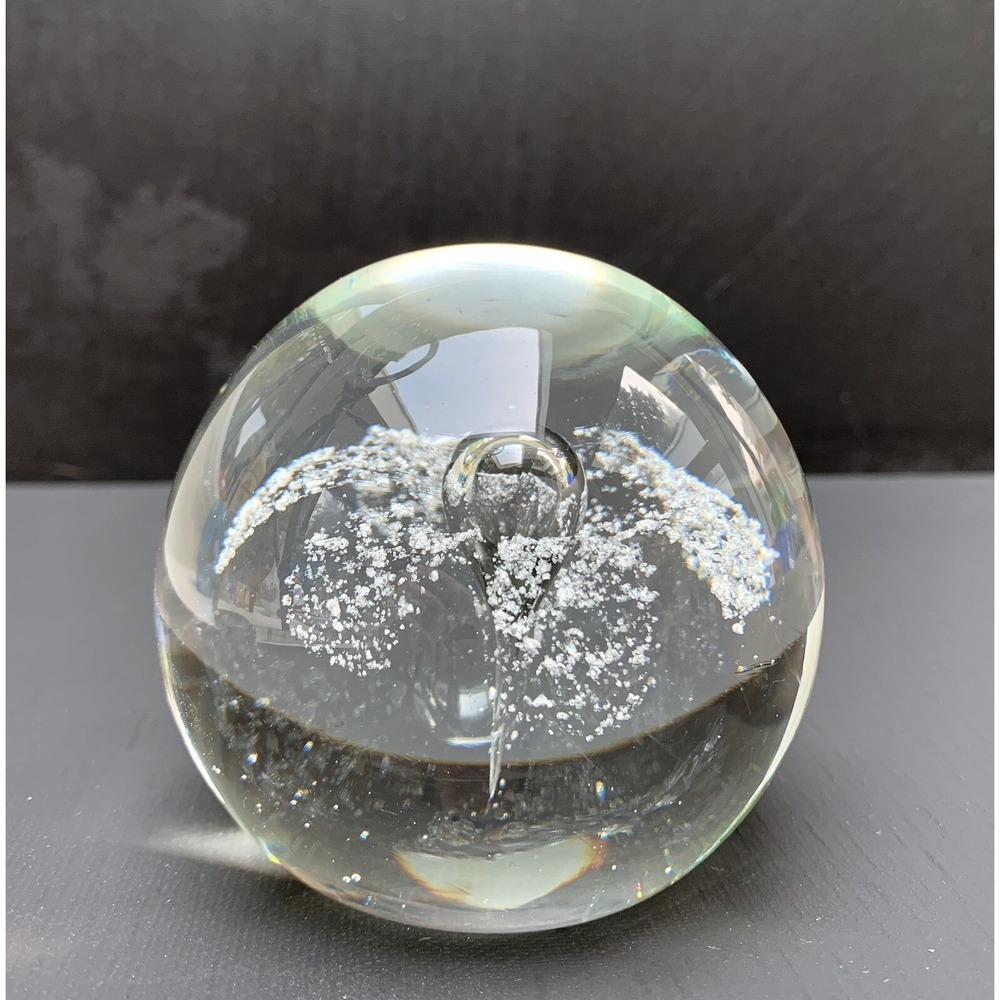 Paper Weight Art Glass Sphere with Controlled Bubbles & White Flower 2.5"